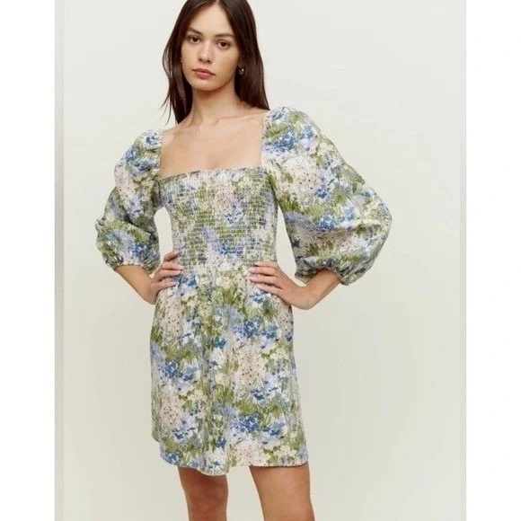 NWT‎ Reformation Greyson Linen Mini Dress Floral Hillside Mini Dress Size Small - Picture 2 of 13